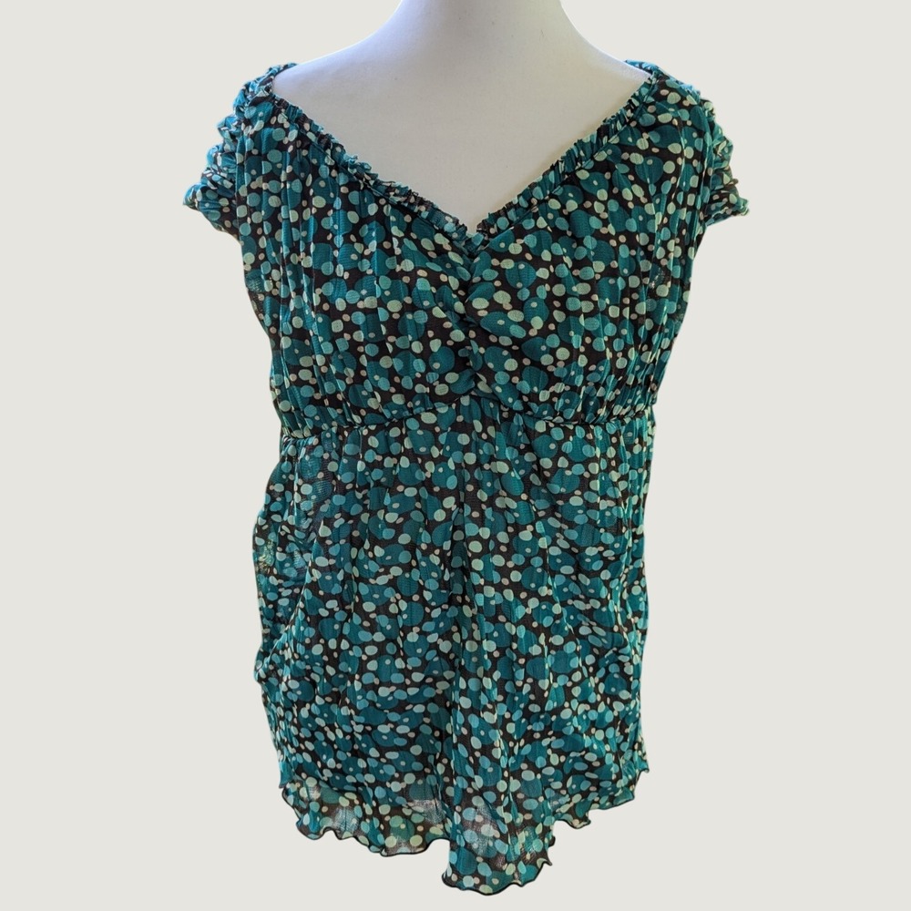 Vtg Merona Y2K Cap Sleeve Babydoll Blouse Top Sz XL Polka Dot Sheer Lettuce Hem